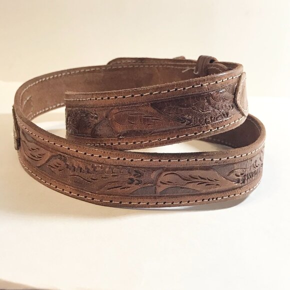 Vintage Handcrafted Tooled Mens Womens Brown Leather Belt Size 32 S/M 30"-34" - Picture 4 of 16